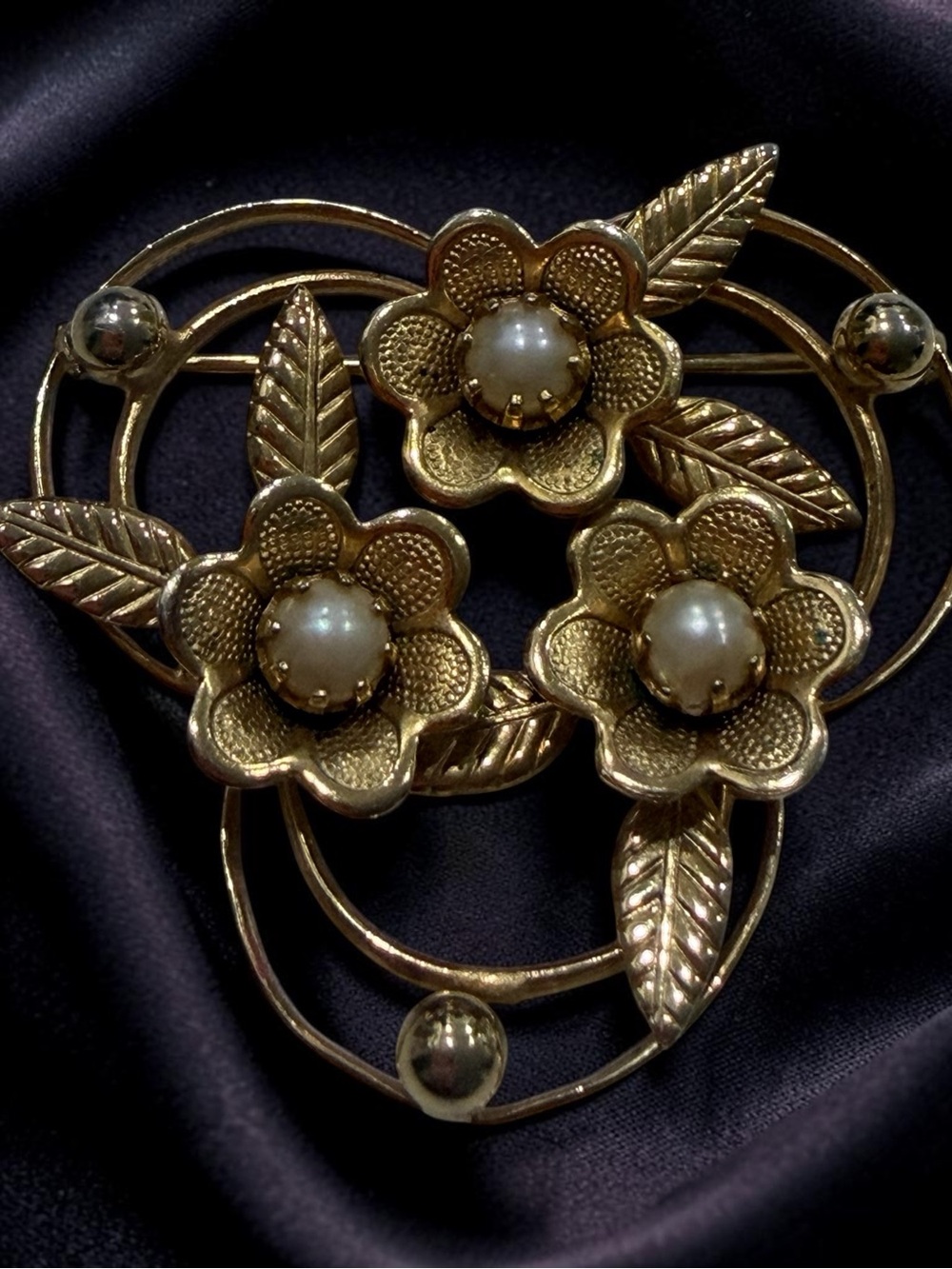 Gold Floral Faux Pearl-Accent Brooch